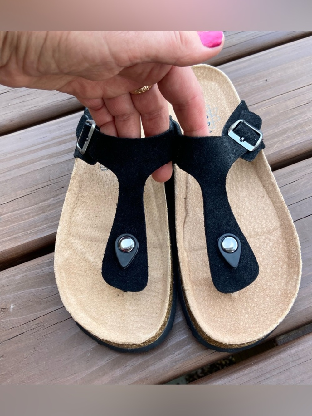 Serra Black Suede Toe-Post Sandals with Silver Buckles - Picture 3 of 9
